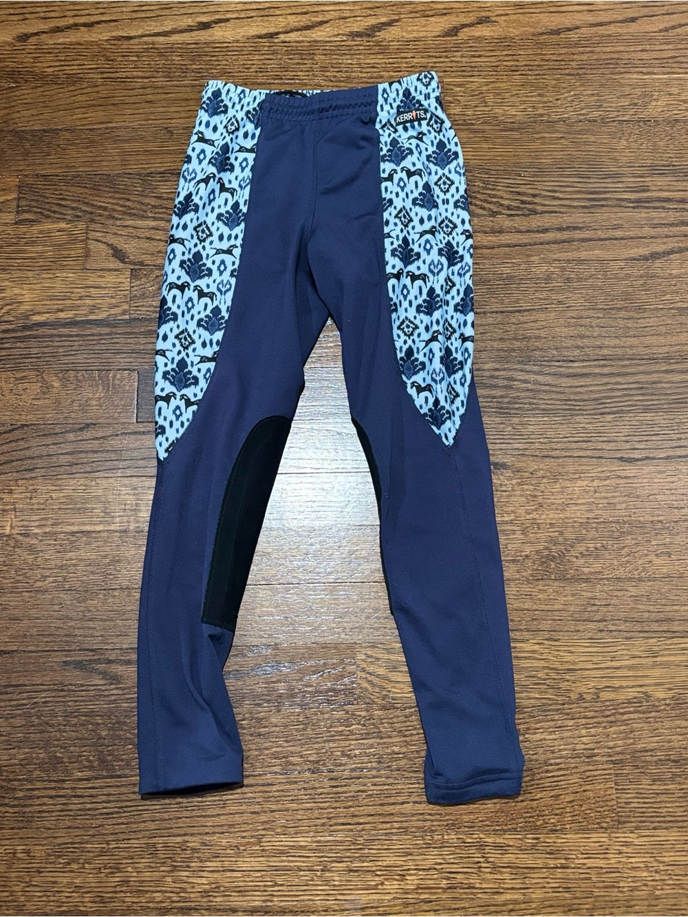 Kerrits riding pants Girls L Navy Leggings Blue Horse Patterned Panels